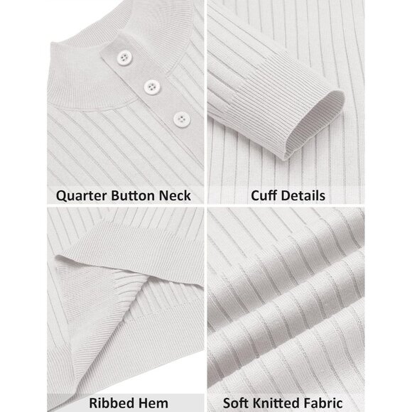 Men's Quarter Button Sweater Long Sleeve Stand Collar Sweater Knitted White - Picture 5 of 5